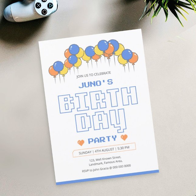 Födelsedagsfest inbjudan kort mall | Retro (funny birthday invitation card , retro birthday card , gamer birthday party , )