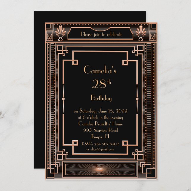 Födelsedagsfest inbjudan, kvinna,underbar Gatsby,s Inbjudningar (Fram/baksida)