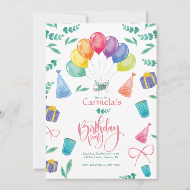 Födelsedagsfest inbjudan med ballonger (Framsida)