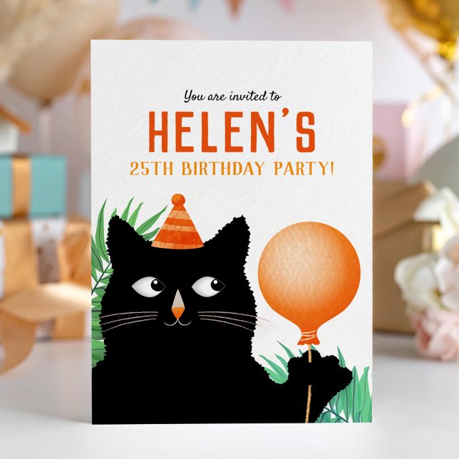 Födelsedagsfest inbjudan med svart katt och ballon (Skapare uppladdad)