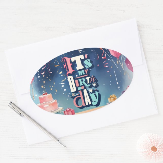Födelsedagsfest inbjudan ovalt klistermärke (Kuvert)