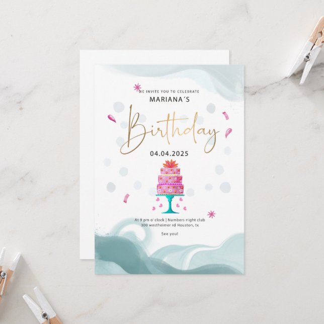 Födelsedagsfest Inbjudan | Rosa tårta tema | Anpas (Fram/Back In Situ)