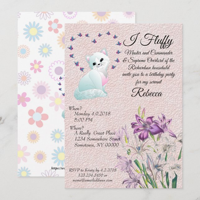 Födelsedagsfest inbjudan tillverkat av en katt (Fram/baksida)