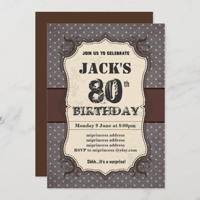 Födelsedagsfest inbjudan, vintage bruna färg inbjudningar (Fram/baksida)