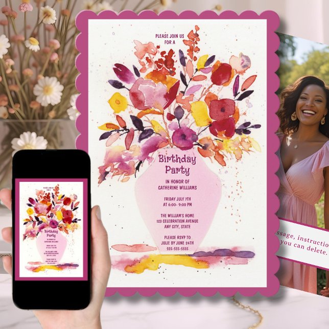 Födelsedagsfest inbjudan Watercolor Flowers Vas (Skapare uppladdad)