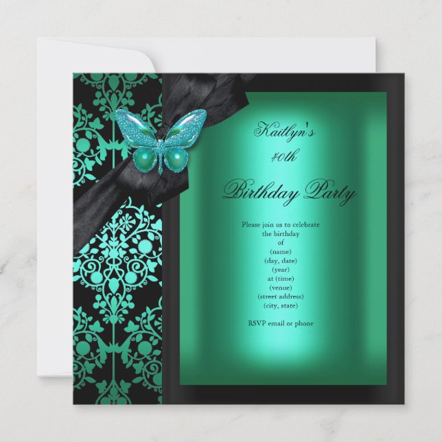 Födelsedagsfest Jade Grönt Damask Butterfly Inbjudningar (Framsida)