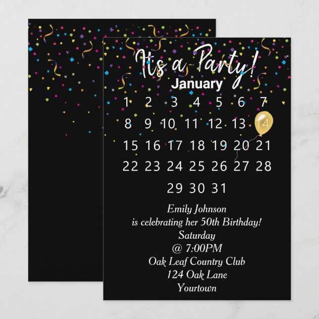 Födelsedagsfest-kalender med konfetti inbjudningar (Fram/baksida)