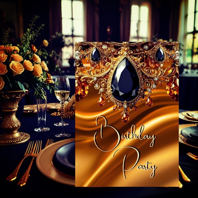 Födelsedagsfest Karamell Guld Silke Svart Blå ädel Inbjudningar (Skapare uppladdad)