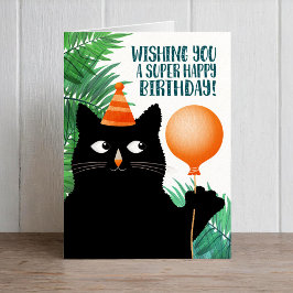 Födelsedagsfest kort med svart katt och ballong