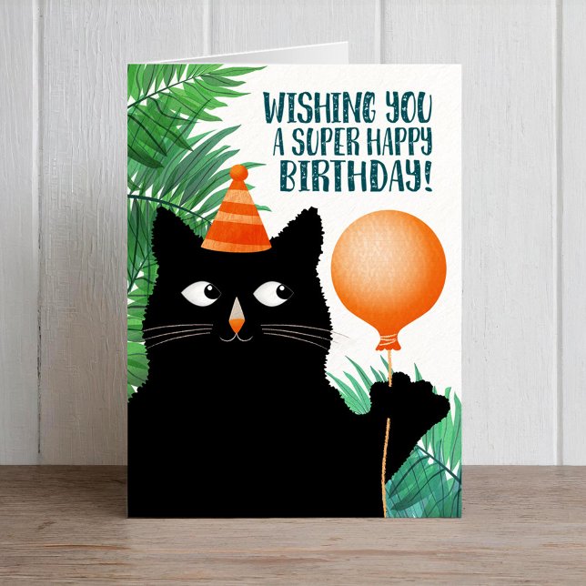 Födelsedagsfest kort med svart katt och ballong (Skapare uppladdad)