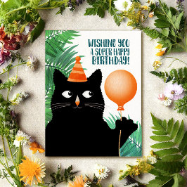 Födelsedagsfest kort med svart katt och ballong