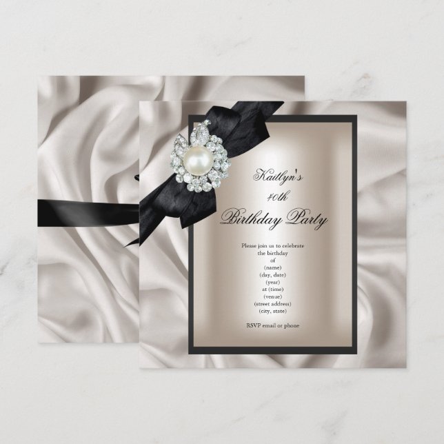 Födelsedagsfest Kräm Svart Pärla Inbjudningar (Fram/baksida)