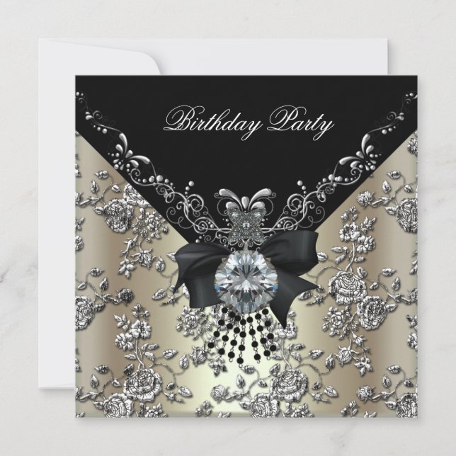 Födelsedagsfest Kräm Svart Silver Damask Blommig Inbjudningar (Framsida)