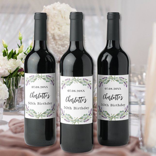 Födelsedagsfest lavender blommigt eucalyptus vinflaska etikett (Skapare uppladdad)