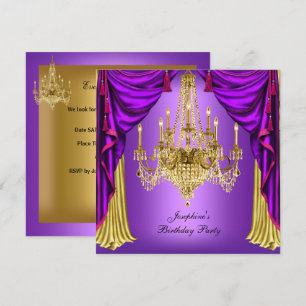 Födelsedagsfest Lila Guld Ljuskrona Draperier Inbjudningar