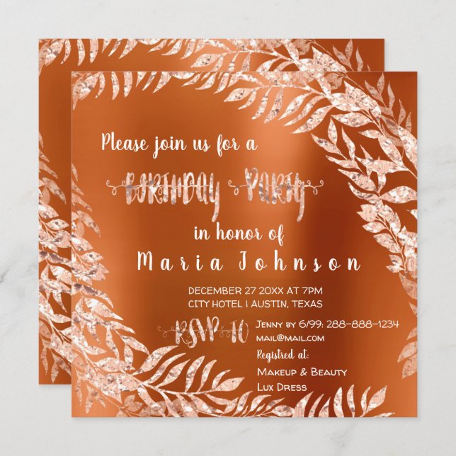 Födelsedagsfest Löv utandningskoral vid Glitter Ro Inbjudningar (Fram/baksida)