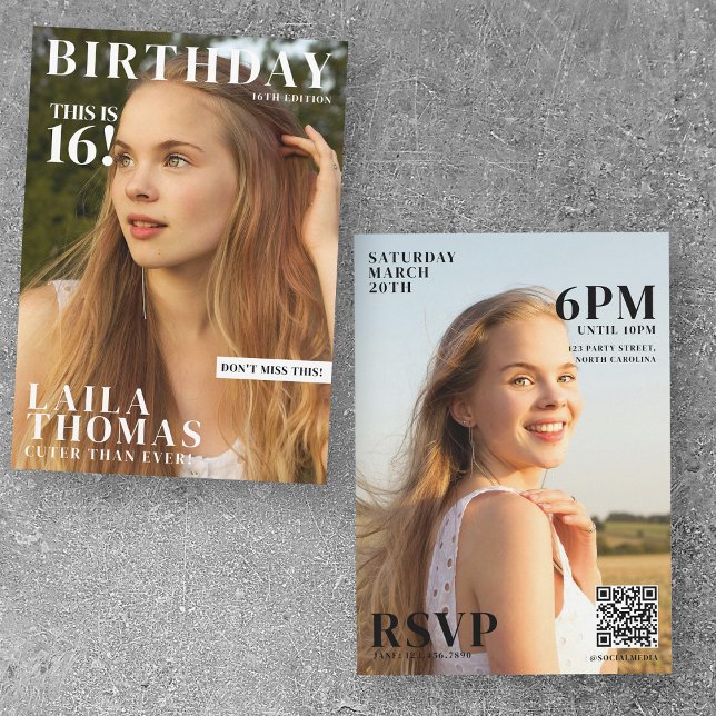 Födelsedagsfest Magazine Cover Photos Teenager Gir Inbjudningar (Custom Birthday Party Magazine Cover Teenager Invitation)