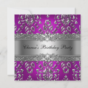 Födelsedagsfest Magenta Silver Damask Inbjudningar