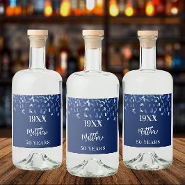 Födelsedagsfest marinblå konetti namn år spritflaskor etikett