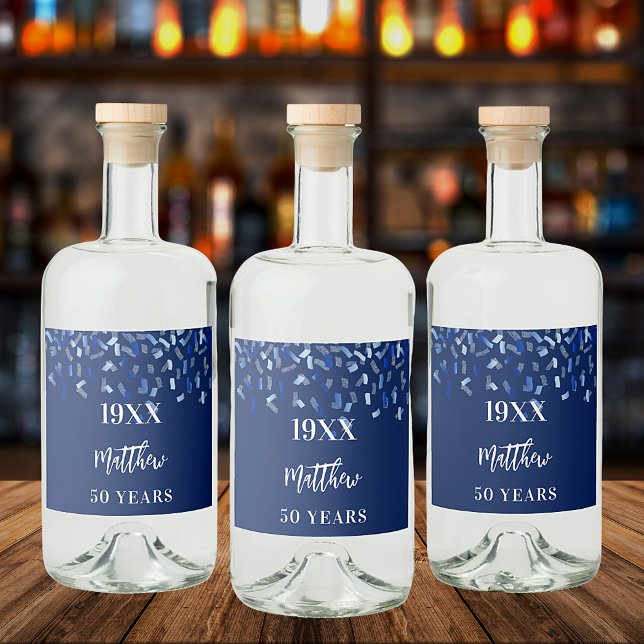 Födelsedagsfest marinblå konetti namn år spritflaskor etikett (Skapare uppladdad)