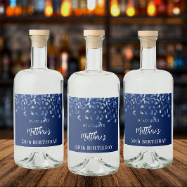 Födelsedagsfest marinblå konetti namn spritflaskor etikett