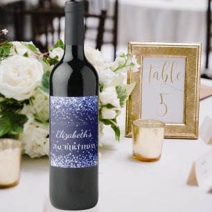 Födelsedagsfest marinblått glitter namn vinflaska etikett