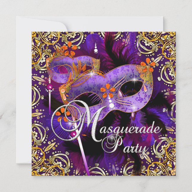 Födelsedagsfest Masquerade Lila Orange Guld Inbjudningar (Framsida)