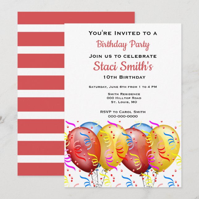 Födelsedagsfest med ballonger Tjej 10  Inbjudningar (Fram/baksida)