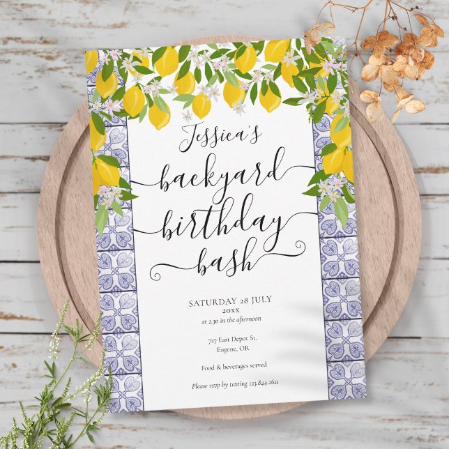 Födelsedagsfest med citroner och gröna kakelplatto inbjudningar (Lemons Greenery Tiles Script Birthday Party Invitation)