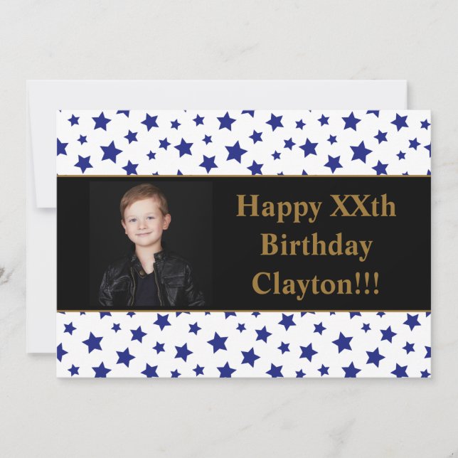 Födelsedagsfest med foto av blåa stjärnor med medd inbjudningar (Framsida)