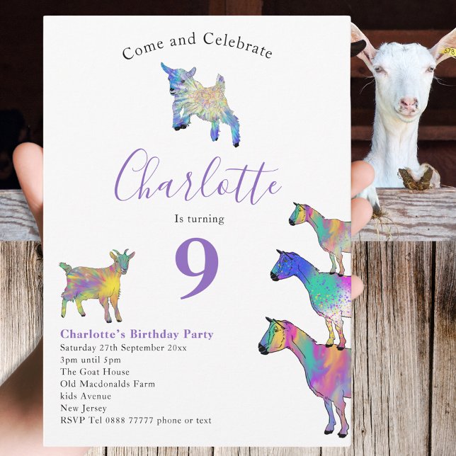Födelsedagsfest med gettema för djurälskare lila inbjudningar (Cute goats colorful farm animals watercolor art 9th birthday party invitation)