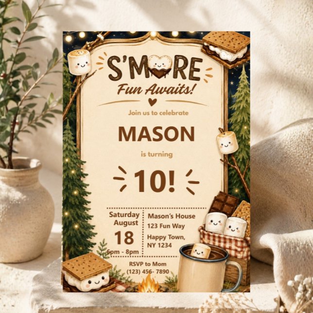 Födelsedagsfest med lägereld Rustika S'mores Födel Inbjudningar (smores birthday invitation, camping birthday invitation, campfire birthday party, woodland birthday )