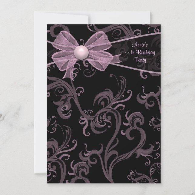 Födelsedagsfest med rosa svarta virvlar inbjudningar (Framsida)