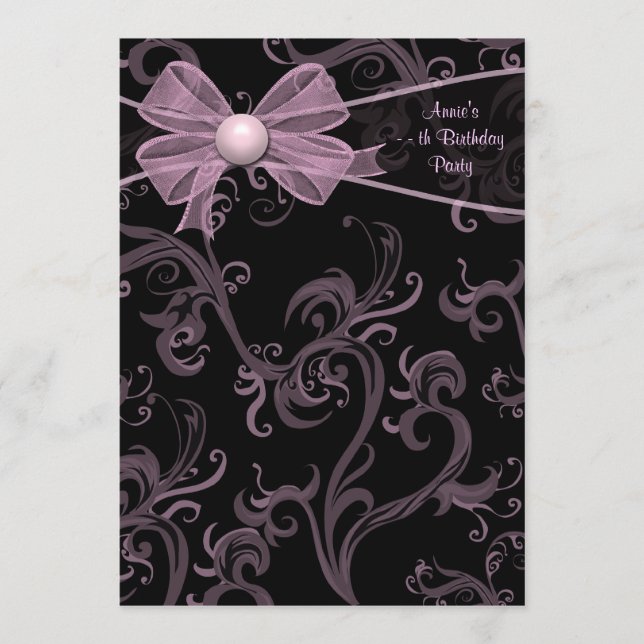 Födelsedagsfest med rosa svarta virvlar inbjudningar (Framsida)