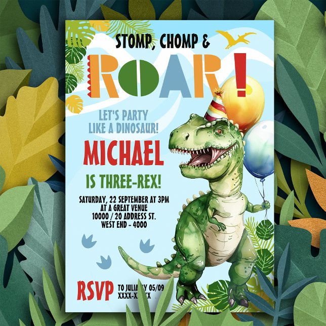Födelsedagsfest med tredubbel dosinosaur inbjudningar (Stomp, Chomp & Roar - get ready to party like dinosaur with our three-rex invitation!)