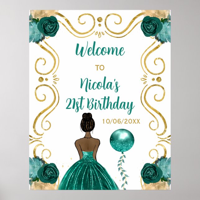 Födelsedagsfest Mörk Skin Princess Teal Welcome Poster (Framsidan)