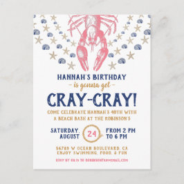 Födelsedagsfest Nautical Beach Crayfish Coral Navy Inbjudan Vykort