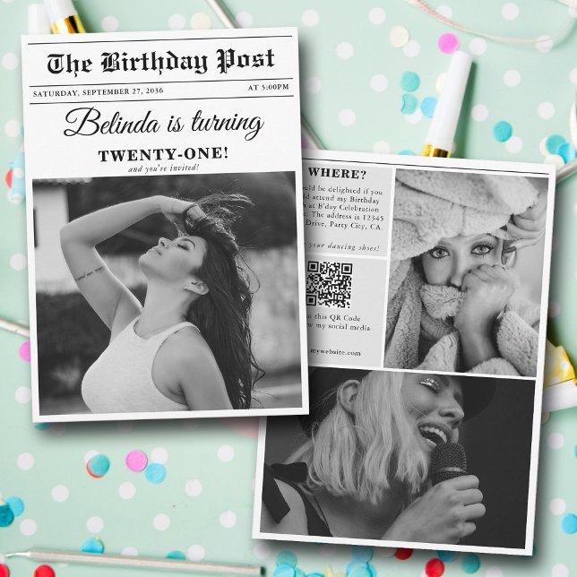 Födelsedagsfest Newspaper Roligt Black & White Pho Inbjudningar (Birthday Party Newspaper Fun Black & White Photo Invitation)