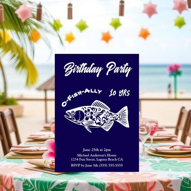 Födelsedagsfest-O-Fish-ally Hawaiian Fish Inbjudningar (Aloha Trout Fisherman Trend Hawaiian Fish Beach Summer pool birthday party invitations blue)