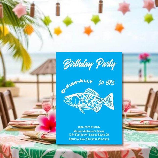 Födelsedagsfest-O-Fish-ally Hawaiian Fish Inbjudningar (Aloha Trout Fisherman Trend Hawaiian Fish Beach Summer Pool Birthday Party invitation light blue)