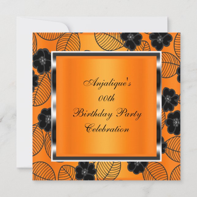Födelsedagsfest Orange Damask Silver Svart Inbjudningar (Framsida)