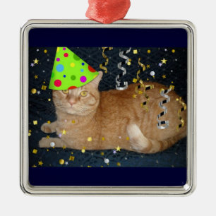 Födelsedagsfest Orange Tabby katt Julgransprydnad Metall