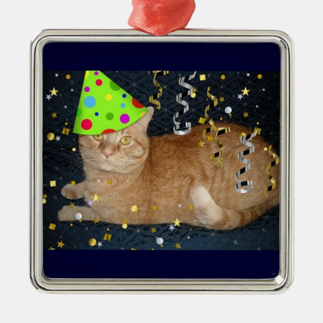 Födelsedagsfest Orange Tabby katt Julgransprydnad Metall (Framsidan)