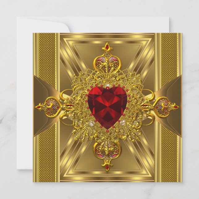 Födelsedagsfest Ornate Red Jeweled Heart Guld Bok Inbjudningar (Framsida)