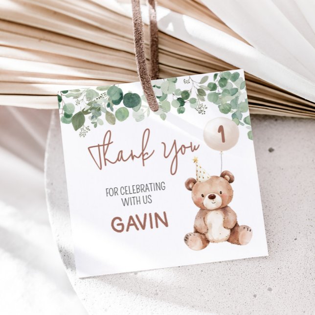 Födelsedagsfest på grekiska Nallar Gåvor Etiketter (Bear-y Birthday Party Square Favor Tags)