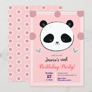 Födelsedagsfest Panda Ansikte och Rosa Polka dots Inbjudningar