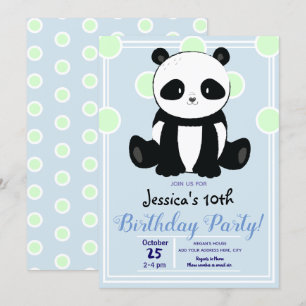 Födelsedagsfest Panda och Blue Polka dots Inbjudningar