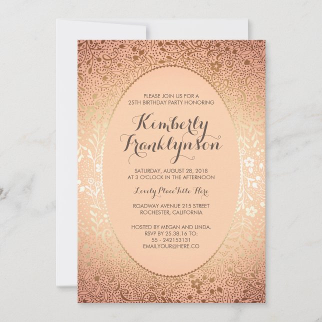Födelsedagsfest - Persikofärgad och Guld Blommigt  Inbjudningar (Framsida)