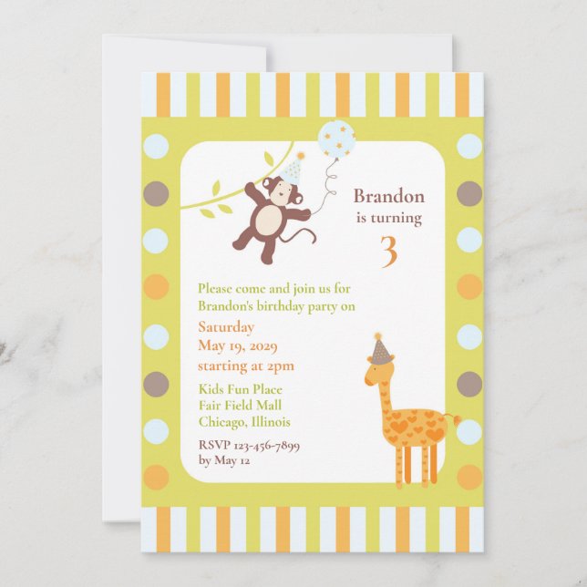 Födelsedagsfest - platta inbjudan till djur (Framsida)