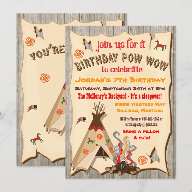 Födelsedagsfest Pow Wow Tipi-inbjudningar Inbjudningar (Fram/baksida)